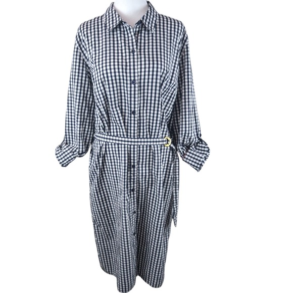 Basic Essentials Dresses & Skirts - Gingham Midi Shirt Dress Large Navy White Flip Cuff 100% Cotton Country Cottage‎